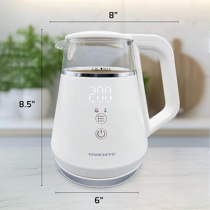 OVENTE 1L Small Electric Kettle with 5 Temperature Preset, Digital Display, 5Hr Keep Warm, Auto Shut-Off, Double-Wall Cool Touch Exterior, Borosilicate Glass,1500W BPA Free Water Boiler, White KD95W