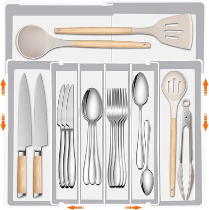 Silverware Organizer - Expandable Silverware Tray for Drawer, Adjustable Utensil Drawer Organizer for Forks, Knives, Kitchen Organizers and Storage, White