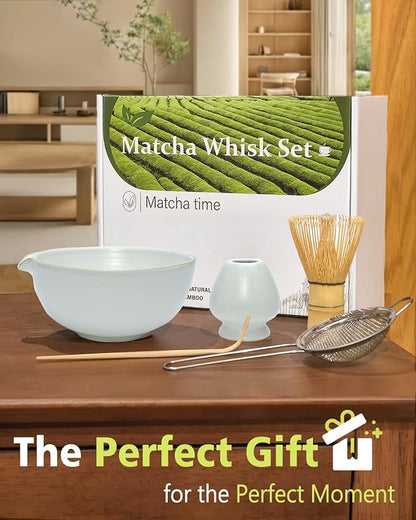 Matcha Whisk Set with Matcha Bowl, Matcha Whisk Holder Matcha Bamboo Whisk, Scoop, Sifter, Unique Gifts for Women Men Girl Friend Home Kitchen Decor（white）