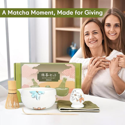 Matcha Whisk Set – Ceramic Matcha Set with Matcha Bowl, Matcha Whisk & Holder, Bamboo Scoop, Tea Towel – 5-Piece Japanese Matcha Kit for Matcha Lovers, Beginners & Gifting (Multicolor, 17oz)