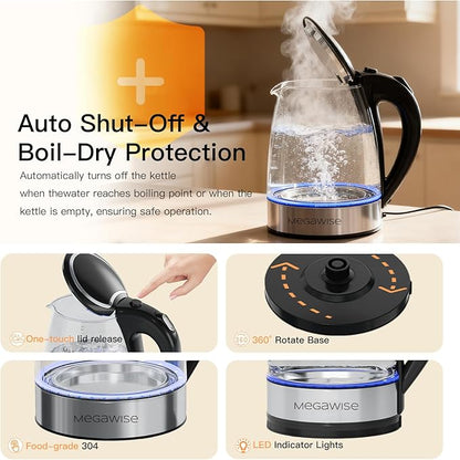 MegaWise Electric Kettle, 1.8L Borosilicate Glass Tea Kettle with LED Light, Auto Shut-Off and Boil-Dry Protection Cordless Kettle Fast Boiling