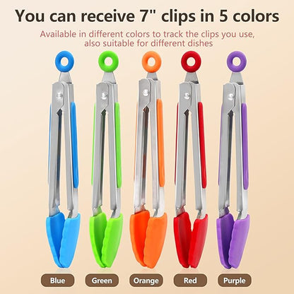 ForTomorrow 7 Inch Small Kitchen Tongs with Silicone Tips, Mini Serving Food Tongs Stainless Steel for Salad, Grilling, Frying and Cooking, 5 Pieces