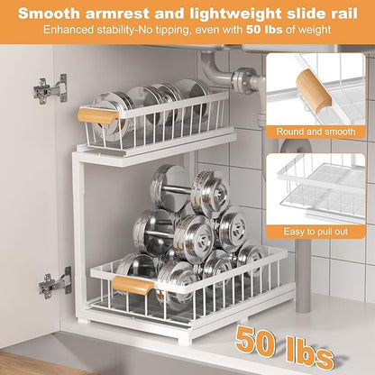 Under Sink Cabinet Organizer, 2-Tier Pull Out Storage Shelves, Adjustable Bathroom Kitchen Drawer (White, 2-Pack)