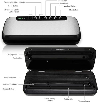 NutriChef Stainless Steel Vacuum Sealer For Food - High-Power Machine with Adjustable Suction, Dry & Moist Modes, LED Lights, Bags, Wine Stopper & Hose, Easy Plug-in Design, Lab-Tested Food Storage
