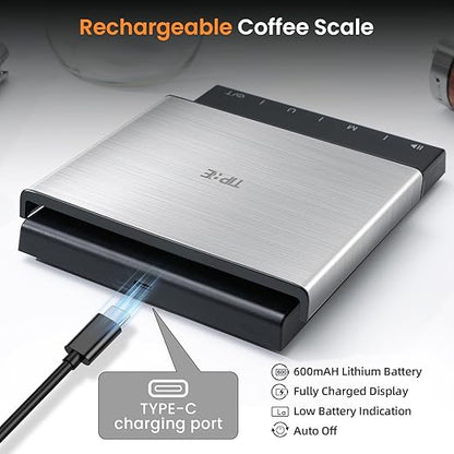Coffee Scale with Timer, 0.1g High Precision Espresso Scale, Pour Over Coffee Weight Scale Rechargeable Coffee Scale for Espresso with Color LED Display, Touch Sensor, Silicone Cover