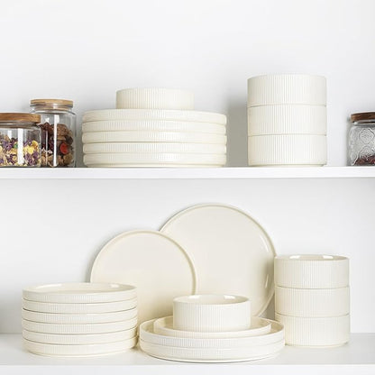 TheTerra Ceramic Dinnerware Sets for 8, 24 Pieces Porcelain Lightweight Plates and Bowls Sets, Scratch Resistant Dish Set, Oven & Microwave & Dishwasher Safe, Beige