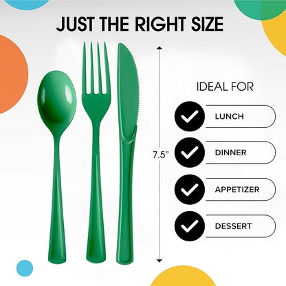 Party Solids Emerald Green Plastic Silverware Heavy Duty 150 Pieces Green Plastic Cutlery Sets, Utensil Sets, 50 Of Each Forks, Knives & Spoons Disposable Cutlery Set, Flatware Set For Party Supplies