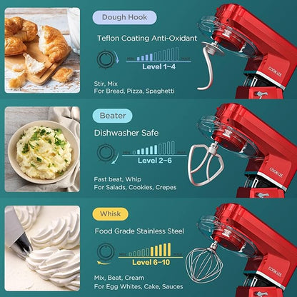 COOKLEE 6-IN-1 Stand Mixer, 8.5 Qt. Multifunctional Electric Kitchen Mixer with 9 Accessories for Most Home Cooks, SM-1507BM, Ruby Red