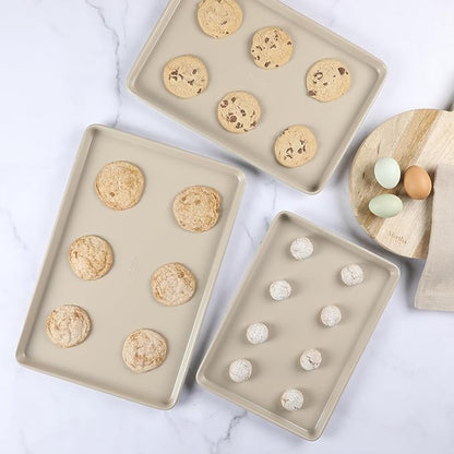 Martha Stewart Gallen 3-Piece Cookie Sheet Set – 13", 15", 17" Baking Pans, Ceramic Nonstick, PFA-Free, Carbon Steel – Oven Safe to 450°F, Warp-Resistant, Easy to Clean - Taupe