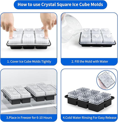 6 Chamber 1.97” 3D Crystal Square Ice Cube Tray With Funnel,Large Square Ice Molds Silicone Fun Shapes Whiskey Ice Cube Tray,For Chilling Whiskey,Cocktails,Bourbon,Brandy and Beverages