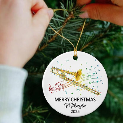 Customized Trombone Musical Player Ceramic Ornament with Name Text Year, Personalized Hanging Xmas Tree Ornaments Gift for Trombonist Daughter Son Brother Sister Friends, Trombone Instrument Ornament