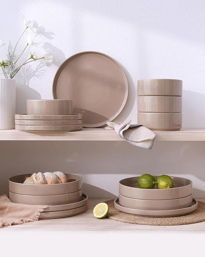Famiware Nebula Plates and Bowls Sets, 18 Pieces Dinnerware Sets, Dishes Set for 6, Cinnamon Brown