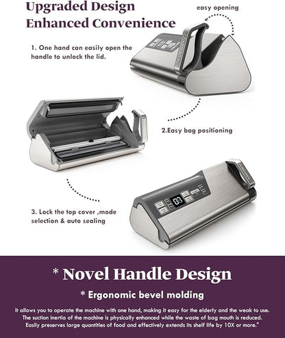 Mesliese Vacuum Sealer Machine, 95kPa 140W One Hand Operation Food Sealer, Double Seal Strip with Build-in Cutter & Countdown Display, 2 Bag Rolls, 5PCS Pre-cut Bags