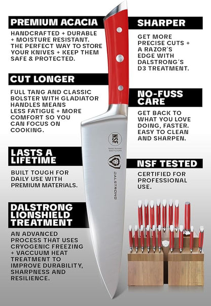 DALSTRONG Gladiator Series Elite-18pc Stainless Steel Knife Set with Block-High Carbon German Steel-Acacia Wood Block-Knife Set w/Red Handles-NSF Certified-Men's Valentines Gift