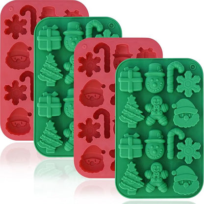 HKNMTT Christmas Silicone Chocolate Molds, 4 PCS Candy Baking Moulds, 3D Snowflake Cane Snowman Xmas Tree Gingerbread Man Santa Claus Gift Box Shape Mold for DIY Handmade Soap Candles Jello