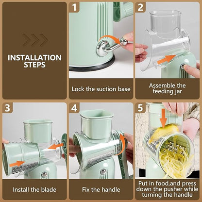 Rotary Cheese Grater with Handle Vegetable Shredder with 5 Interchangeable Blades, Kitchen Food Slicer and Chopper with Strong Suction Base for Fruit Vegetables Nuts with Blade Storage Box (Green)