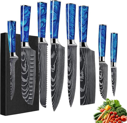 8-Piece Premium Japanese Kitchen Knife Set - Imperial Collection, Laser Damascus Pattern, 440A Stainless Steel Ultra Sharp for Fast Cutting (Blue 8J)