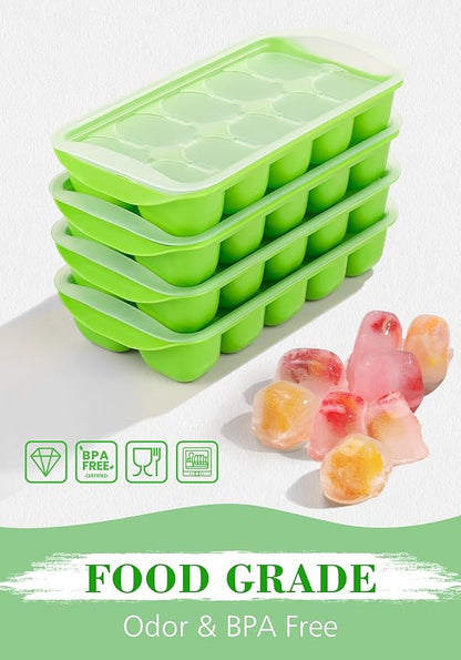 DOQAUS Ice Cube Tray with Lid and Bin, 4 Pack Easy Pop Out Silicone Ices Cubes Trays for Freezer with Cover, Stackable Compact Ice Bucket Kits, for Soup, Food, Cocktail, Coffee