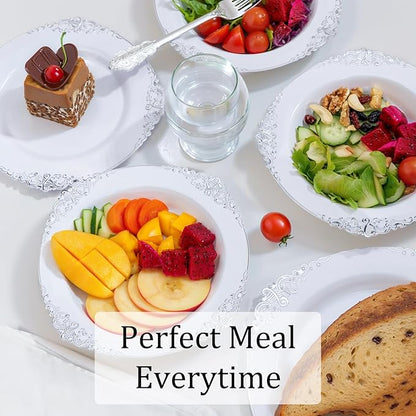 Nervure 50PCS White Plastic Bowls with Silver Rim - 12oz Disposable Soup Bowls, Heavy Duty Salad Ice Cream Bowl Perfect for Weddings, Parties and Everyday Use