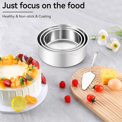 Leonyo Tall Round Cake Pans, 6’’- 8’’- 9½’’ Cake Pan Set for 3, Stainless Steel Round Layer Baking Tier Cake Pans Set, 3-Tiered Cake Tins for Birthday Wedding, Non Toxic & Healthy, Dishwasher Safe