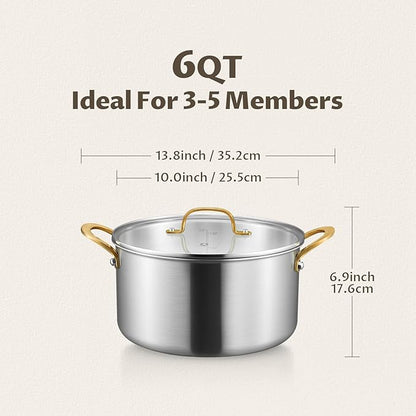 BEZIA 6 Quart Fully-Clad 3-Ply Stainless Steel Stockpot, Soup Pot with Lid, Even Heat Distribution, Cooking Pot with Sturdy Handles, Compatible with All Cooktops, Perfect for Soups & Stews, Silver