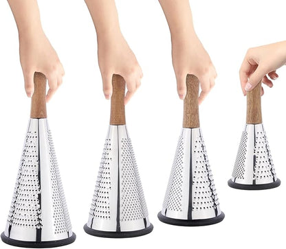 Cone Cheese Grater with Handle Stainless Steel Grater Triple Function Wood Handle Shredder Non-Slip Rubber Bottom Hand Held Multifunction Vegetables Grater Black 4-Size (Size M: 9.4" X 4.3" Black)