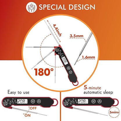 Meat Thermometer Digital with Backlight, Calibration & Hold Function, IP65 Waterproof Food Thermometer for Cooking, Outdoor Grilling, Candy Making