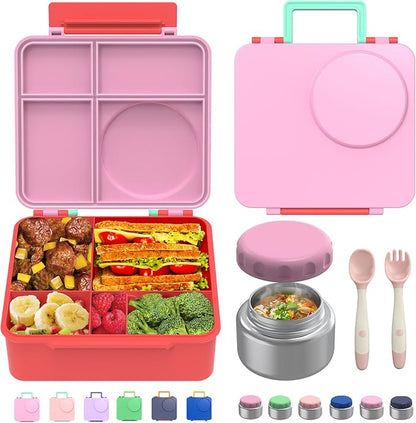 Bento Box for Kids - Leak-Proof Bento Lunch Box with Insulated Thermos Food Jar - 4 Compartments, 1 Removable Divider, 1Spoon, 1 Fork - Dishwasher Safe, BPA-Free (Pink)