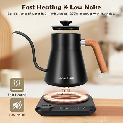 ECORELAX Gooseneck Electric Kettle, ±1℉ Temperature Control Pour Over Kettle for Coffee, Tea & Water, Stainless Steel 1200 W Keep Warm OLED Display 1 L (Black)