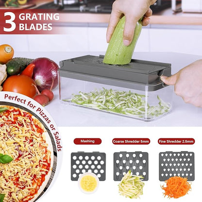 Vegetable Chopper, Onion Chopper Dicer, Mandoline Slicer, Food Chopper with Container, Vegetable Cutter for Salad Potato Carrot Garlic（9 Blades, Grey）