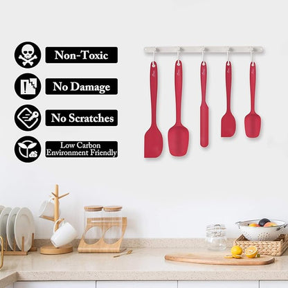 HOTEC Heat Resistant 600℉ BPA-Free Silicone Rubber Spatula Set, Kithchen Cooking Spatulas, Baking, Mixing, for Non Stick Cookware, Dishwasher Safe, Red Set of 5