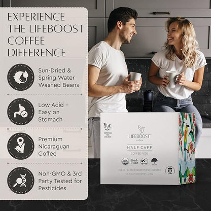 Lifeboost Half Caff Coffee K Cups - Low Acid Half Caff Coffee Pods - Single Origin Non-GMO Mold Free Pods Compatible with Keurig & Keurig 2 - No Mycotoxins or Pesticides - 10 Count (Pack of 2)