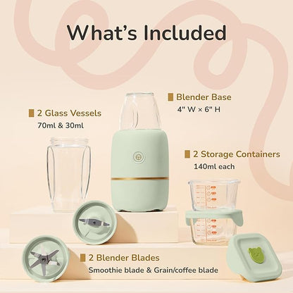 Bubble Blender, Baby Food Maker & Puree Blender with 2 Borosilicate Glass Cups, Compact Baby Bullet for Smoothies, Hands-Free One-Touch, 200W Motor, Sage