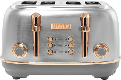Haden Heritage 4 Slice Wide Slot Stainless Steel Toaster with Adjustable Browning Control & Non-Slip Feet, Steel & Copper