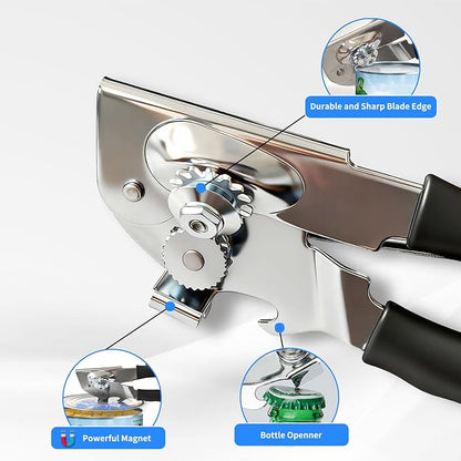 Manual Can Opener，Commercial Can openner，Can Opener Heavy Duty with Ergonomic Soft Grip Handles and Magnetic Lid Lifter for Large Cans, Seniors ，Stainless Steel, Black