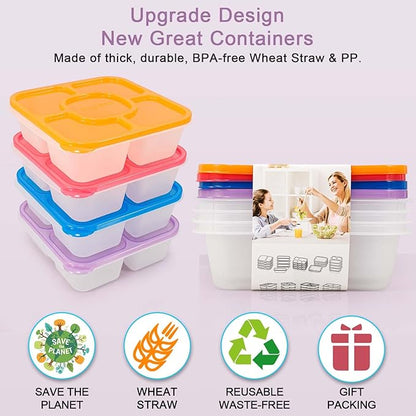 Caperci Original Lunchable Snack Containers - Bento Snack Boxes with 5-Compartment, Reusable Food Containers for School, Work and Travel, BPA-Free, Set of 4 (Classic)