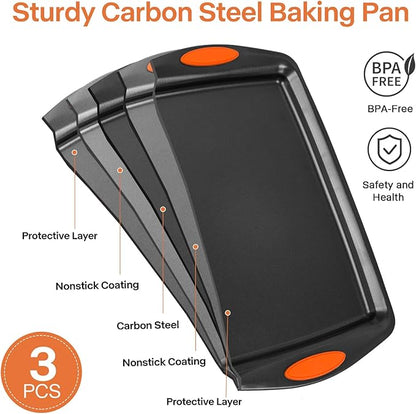 3-Pack Baking Sheet Pan Set, Nonstick Cookie Sheets with Orange Silicone Handles, Easy to Clean Bakeware Trays for Oven Roasting & Baking