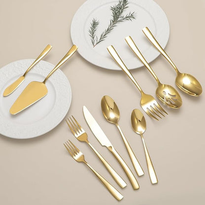 Large Hostess Serving Utensils Set, Stainless Steel Heavy Duty Serving spoons, Slotted Spoons, Serving Fork, Cake Server, Butter Knife, Dishwasher Safe (Gold)
