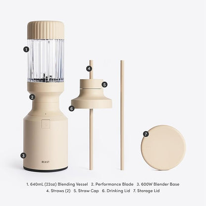 The Beast Mini Blender | Mini Countertop Kitchen Blender | Blend Smoothies and Shakes, Dressings, Sauces, Dips | Straw Cap and Straws Included | 600W (Sand)