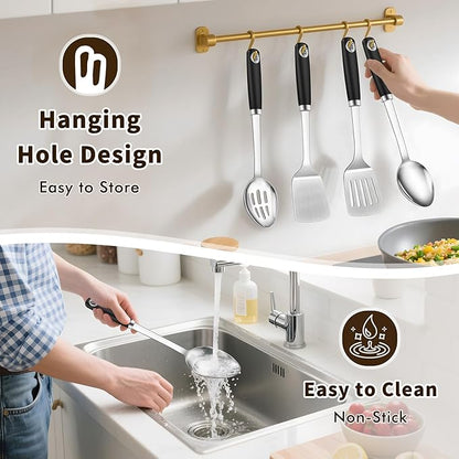 4 Pcs Cooking Utensils Set, Stainless Steel Kitchen Utensils, Heat Resistant Metal Kitchen Tools Include Solid & Slotted Turner Wok Spatula, Serving Spoon, Ergonomic Handle, Easy to Clean, Silver