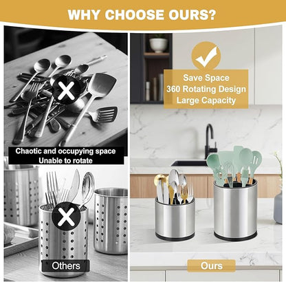 2Pack Kitchen Utensil Holder Set - 360° Rotating Stainless Steel Large Cooking Utensil Stand for Counter, 3 Compartment Flatware Caddy with Removable Base for Knife, Fork & Spoon Organizer - Sliver