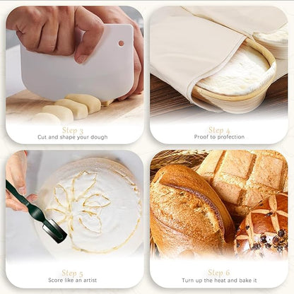 Natural Unbleached Banneton, Sourdough Bread Proofing Basket Kit, 6,8,9,10 Inch Basket with BreadMaking Baking Supplies Tools, Banneton Basket Gift Set - Primary Color