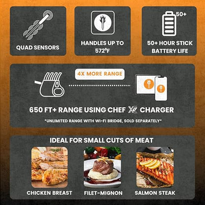 ChefX Wireless MeatStick - Smart 4 Sensor Bluetooth Meat Thermometer for Grilling & Smoking, 650ft+ Range