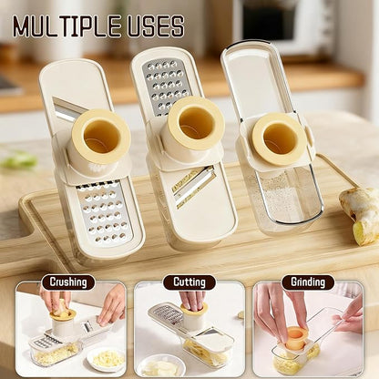 Mini Garlic Slicer Multi-Functional Mandoline Slicer Veggie Garlic Ginger Grinder Vegetable Mandoline Cutter Veggie Shredder with Container (White)