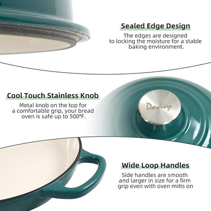 Davivy 5.5QT Dutch Oven for Sourdough Bread, Enameled Cast Iron Dutch Oven with Lid, 10" Round Sourdough Bread Oven, Bread Cloche for Bread Baking - Gradient Teal