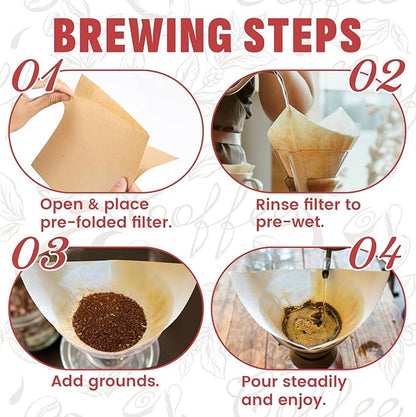 Pre-Folded Unbleached Cone Coffee Filters – Premium Canadian-Imported Thick Paper, Compatible with CHEMEX Pour-Over Coffee Makers (240)