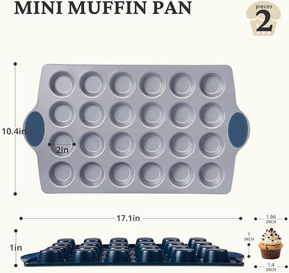 BRONYPRO Ceramic Mini Muffin Pan, 24-Cup Nonstick Aluminized Steel Mini Cupcake Pans, Healthy Non-Toxic Ceramic Coating Muffin Tin, 2 Pack Cup Cake Pans for Baking Blue