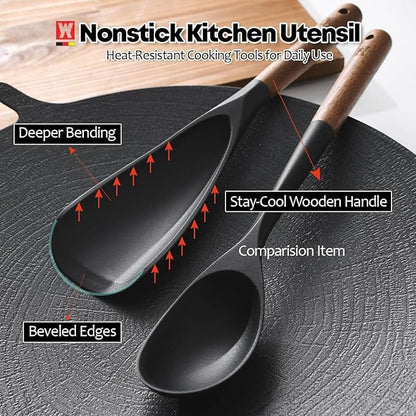 Silicone Long Head Cooking & Serving Spoon with Wooden Handles: Multi-Functional Design, Silicone Rounded Spatula for Mixing, Scoop, and Scrape, Great for Stir Frying