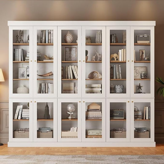 70.8" Tall Farmhouse Kitchen Pantry Cabinet with Glass Doors, Modular Storage Cabinet with 6-Tier Adjustable Shelves, White, Wooden Hutch for Kitchen, Living Room, Set of 3