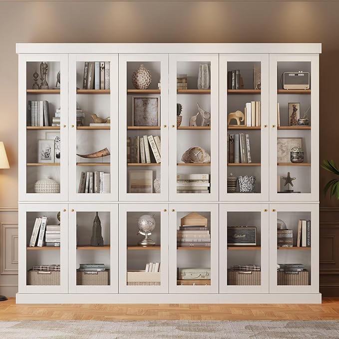 70.8" Bookshelf with Glass Doors, Farmhouse Modular Bookcase with 6-Tier Adjustable Shelves, Large Storage Cabinet for Living Room & Home Office, White